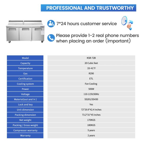 72  W 3 Door Refrigerator Sandwich Salad Prep Table Commercial Stainless Steel Fan Cooling Refrigerator with Cutting Board, 3 Shelves & 18 Pans for Restaurant, Bar, Shop-20 Cu.ft Cheap