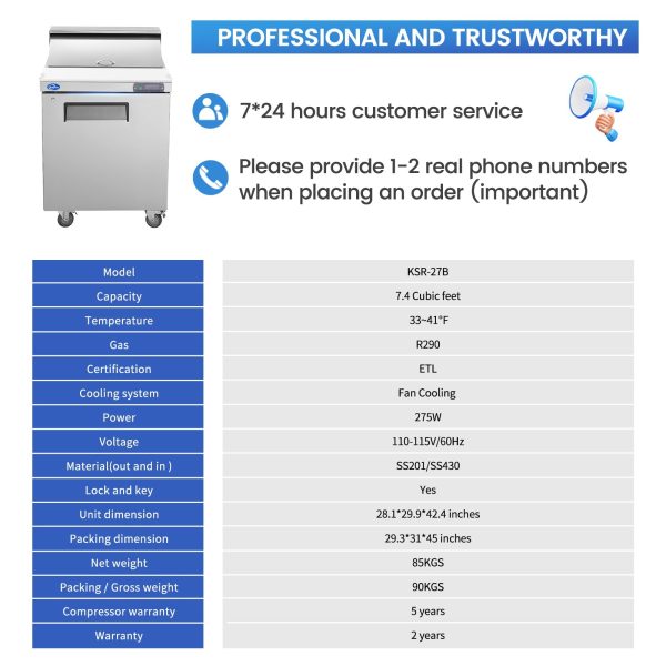 27  W 1 Door Refrigerator Sandwich Salad Prep Table Commercial Stainless Steel Fan Cooling Refrigerator with Cutting Board, 1 Shelves & 8 Pans for Restaurant, Bar, Shop-7.4 Cu.ft Sale