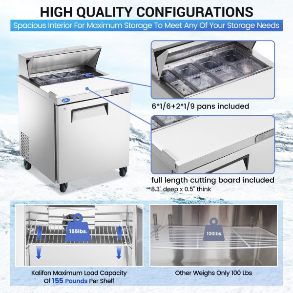 27  W 1 Door Refrigerator Sandwich Salad Prep Table Commercial Stainless Steel Fan Cooling Refrigerator with Cutting Board, 1 Shelves & 8 Pans for Restaurant, Bar, Shop-7.4 Cu.ft Sale