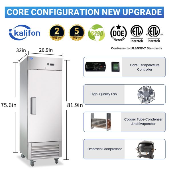 27  W Commercial Freezer, Reach-in 23 Cu.ft Stainless Steel Freezer with Single Solid Door, Upright Fan Cooling Freezer with 4 Adjustable Shelves, for Restaurant, Commercial Kitchen, Home For Cheap