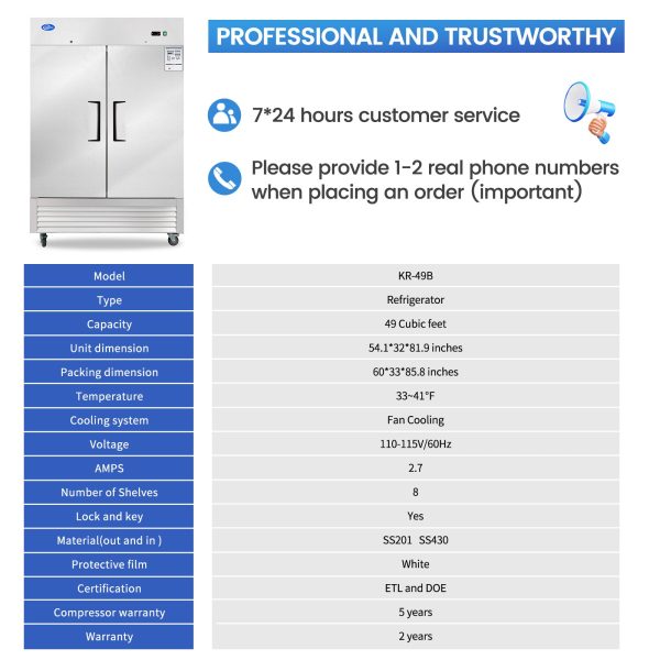 54  Commercial Refrigerator with 2 Solid Door, 49 Cu.ft Reach-in Stainless Steel Freezer, Fan Cooling Freezer for Restaurant, Bar, Home, Shop, and Business(Equip 8 Shelves) Discount