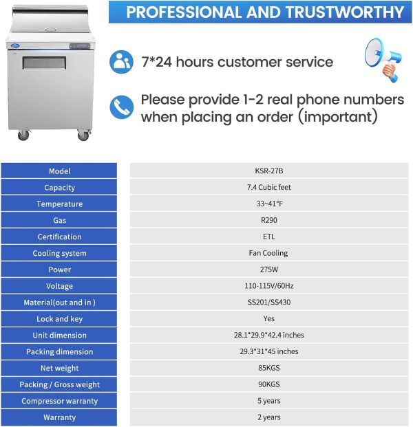 27  W 1 Door Refrigerator Sandwich Salad Prep Table Commercial Stainless Steel Fan Cooling Refrigerator with Cutting Board, 1 Shelves & 12 Pans for Restaurant, Bar, Shop-7.4 Cu.ft For Cheap