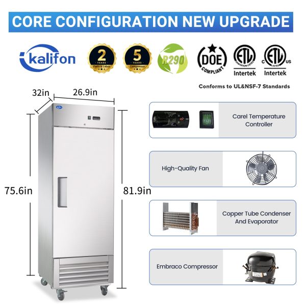 27  W Commercial Refrigerator 1 Solid Door, 23 Cu.ft Reach-in Stainless Steel Refrigerator, Upright Fan Cooling for Restaurant, Bar, Home, Shop (Equip 4 Shelves) Warehouse Shipments For Discount