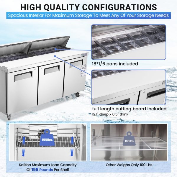 72  W 3 Door Refrigerator Sandwich Salad Prep Table Commercial Stainless Steel Fan Cooling Refrigerator with Cutting Board, 3 Shelves & 18 Pans for Restaurant, Bar, Shop-20 Cu.ft Cheap